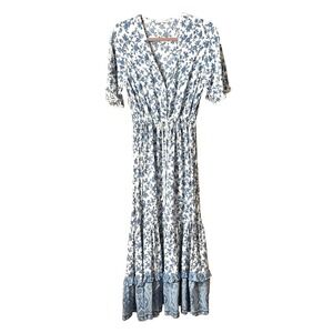 R. Vivimos Blue Floral Boho Maxi Dress Tie Waist Ruffle Hem Deep V-neck Size L